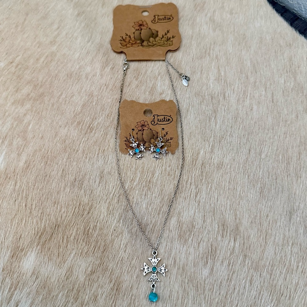 Justin Turquoise Cross Necklace Earrings Set NWT Western Cowgirl Silver Tone